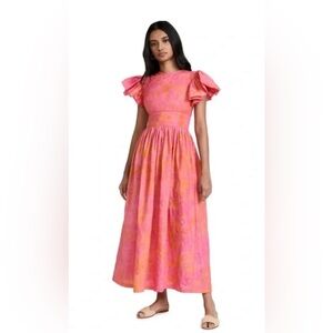 Sika Pink and Clay Orange Printed Flutter Sleeve Maxi Dress 8 NWOT w pockets